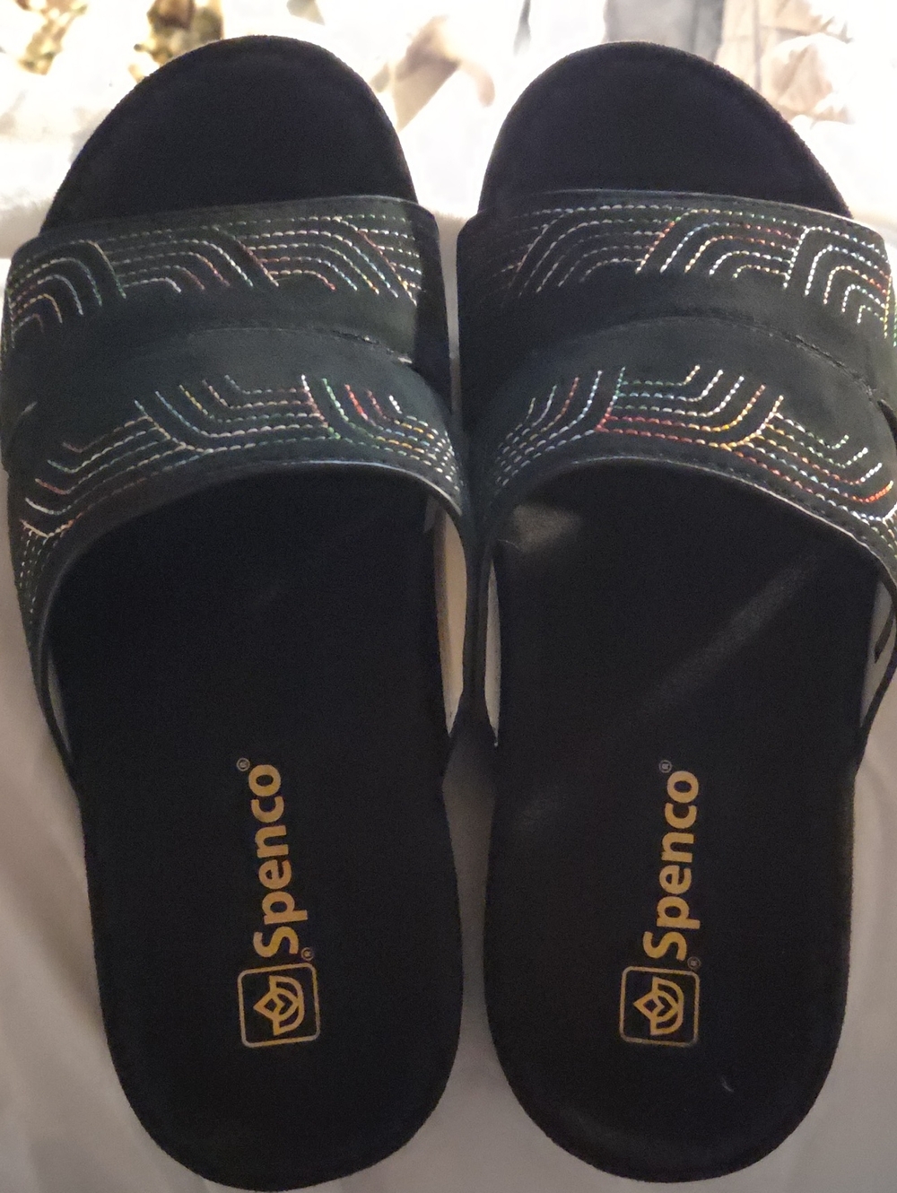 Skechers Women’s Black Suede Slide Sandal with Multicolor Stitching